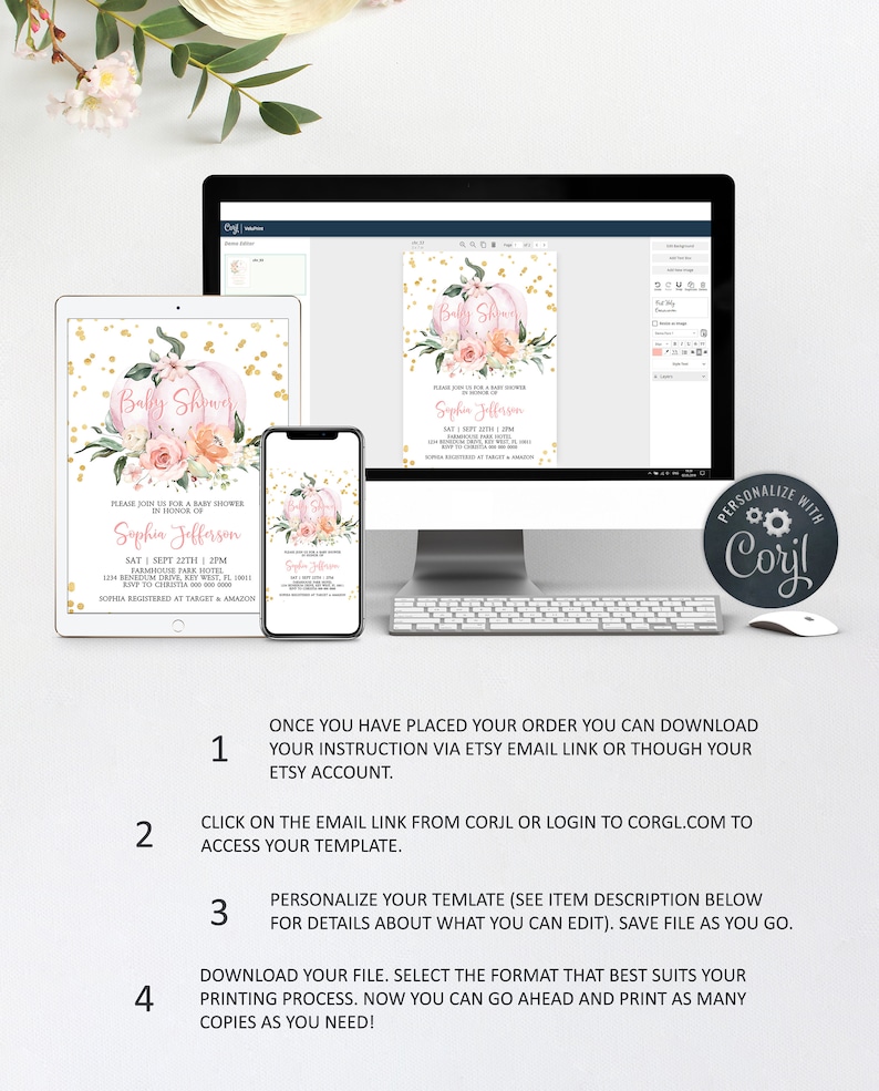 May include: A digital mockup of a printable baby shower invitation featuring a pink and white pumpkin with gold glitter. The text on the invitation reads "Baby Shower" and "Sophia Jefferson".