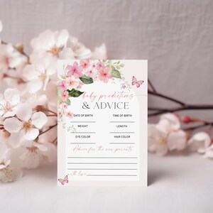 Prédictions et conseils pour bébé fleur de pommier rose poudré Jeu | Jeu imprimable pour le brunch de bébé MODIFIABLE | Modèle de jeu de douche fille papillon rose