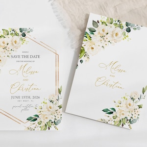Convite Save the Date com Flores Brancas | Modelo EDITÁVEL | Cartão de Data de Casamento para Imprimir com Rosas Brancas | Convite Caligrafia com Moldura Dourada