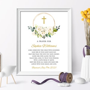 White Rose Flowers Baptism Prayer Sign, EDITABLE Template, Personalized Floral Prayer Card, Greenery Printable Christening, INSTANT DOWNLOAD