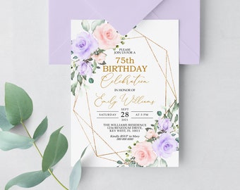 Floral 75th Birthday Invitation: Pink & Violet, Editable Template