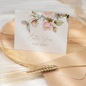 Zacht nam bloemenbuffetkaart toe | Bewerkbare afdrukbare sjabloon voor elegante roze bloemen voedseletiketten | Blush roze roos bloemen DIY buffettentkaart