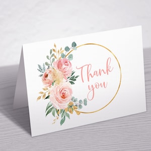 Tarjeta de agradecimiento floral rosa rubor, tarjeta de nota de agradecimiento imprimible, tarjeta de agradecimiento boho, despedida de soltera, baby shower, cumpleaños, boda