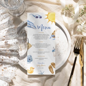Menu Splash | Modèle MODIFIABLE | Menu de mariage imprimable Summer Boy Design | Brunch de la mariée Blue Beach, baby shower, anniversaire