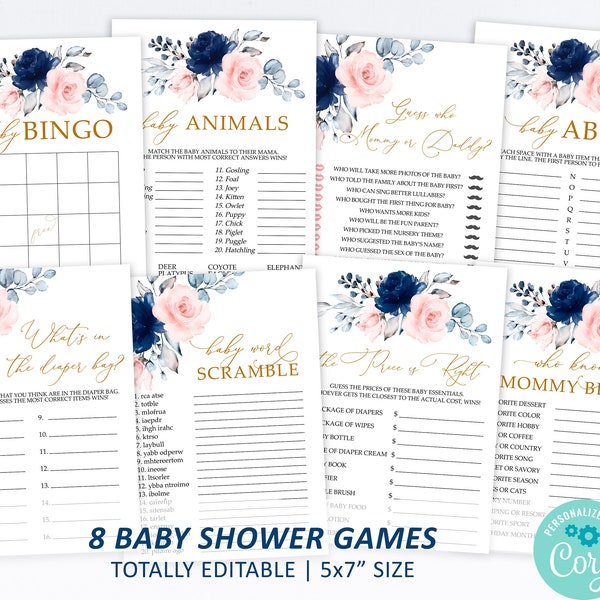 Blush Pink & Navy Floral Baby Shower Game Set, EDITABLE Template, Elegant Baby Shower Game Bundle, Blue Rose and Gold Printable Girl Pack