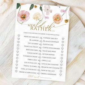 Peach & Blush Blumen Würde sie Lieber Duschen Spiel | EDITIERBARE druckbare Mohnblumen-Blumenvorlage | Gold Akzente Brunch Aktivität | Herunterladen