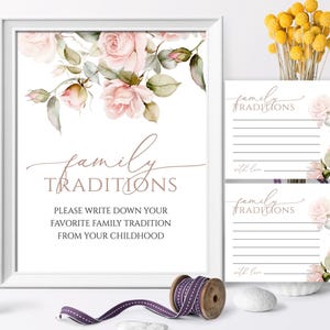 Bord- en notitiekaarten familietradities | Bewerkbare sjabloon zachte roze bloemen | Afdrukbare blush roze bloemen Deel je traditie