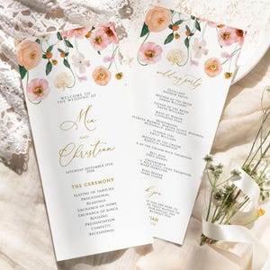 Programme de mariage Fleurs pêche et fard à joues | Modèle MODIFIABLE | Programme floral bohème imprimable coquelicots | Calligraphie rehaussée d'or | Télécharger