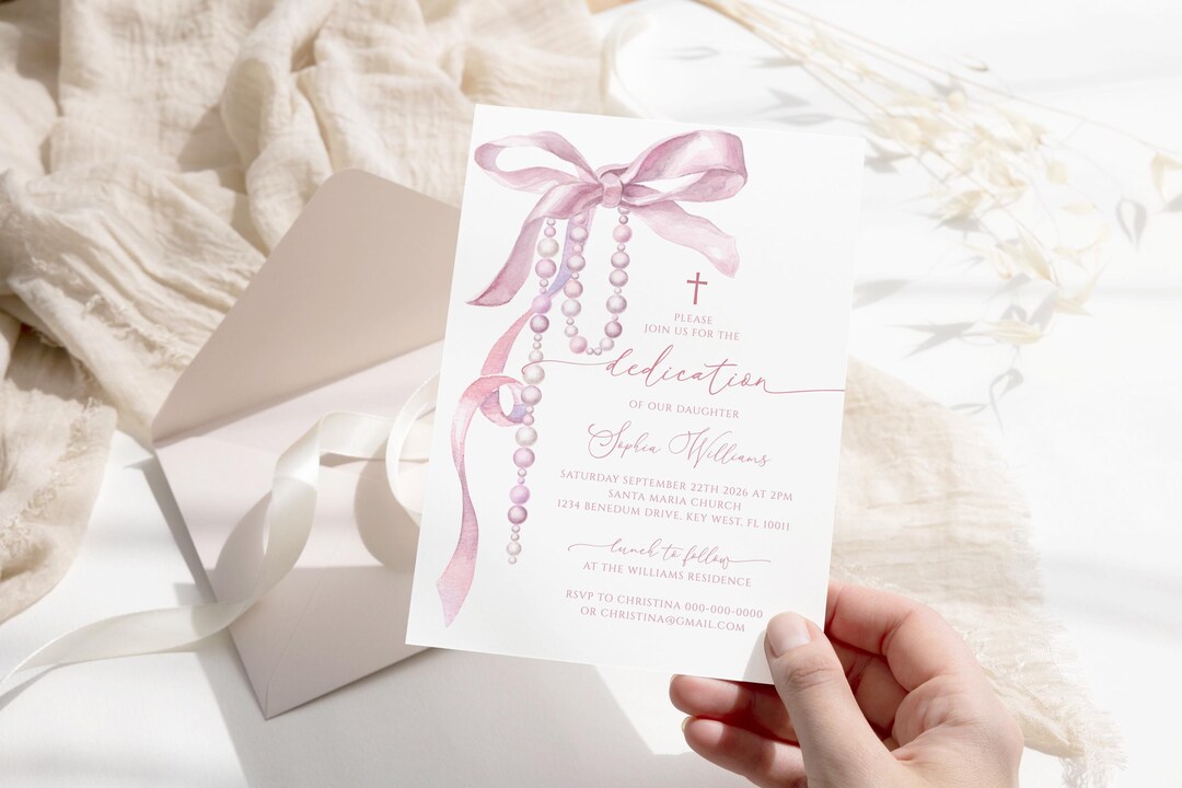 Pink Rosary Dedication Invitation Template Editable Printable (digital