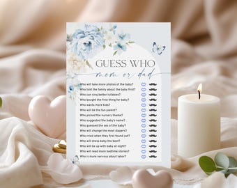 Blue Floral Baby Shower Game: Guess Who Mommy or Daddy (EDITABLE Printable)