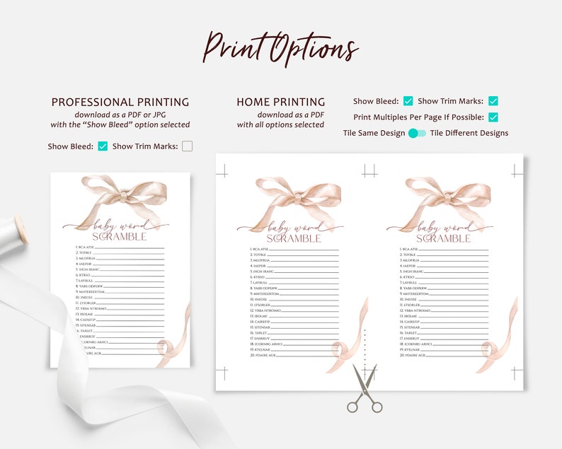 Beige Bow Baby Word Scramble Game Editable Printable Watercolor Mocha