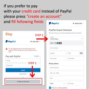 K&ouml;nnte beinhalten: Ein Screenshot einer Etsy-Checkout-Seite mit einer PayPal-Gast-Checkout-Option. Der Benutzer kann w&auml;hlen, ob er mit PayPal bezahlt oder ein Konto erstellt, um mit einer Kreditkarte zu bezahlen. Die Checkout-Seite zeigt einen Gesamtbetrag von 8,00&nbsp;$ USD an.