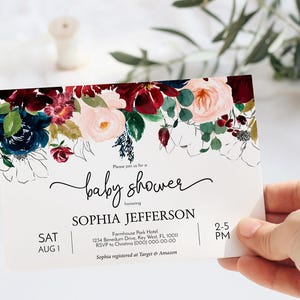 Invitación para baby shower en burdeos y rubor / Plantilla EDITABLE / Invitación imprimible con flores en azul marino para niña / Flores marsala y rosas / Otoño