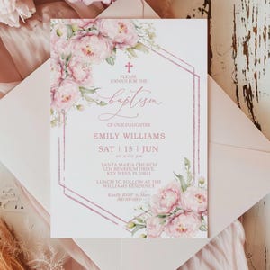 Faire-part de baptême fleurs roses | Modèle MODIFIABLE | Faire-part de baptême imprimable floral | Carte de vœux bohème avec cadre en or rose