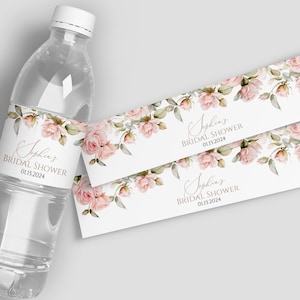 Waterflesetiket met zachtroze bloemen | BEWERKBARE Blush roze roos douche water labelsjabloon | Afdrukbaar bruidsbrunchlabel | DOWNLOAD