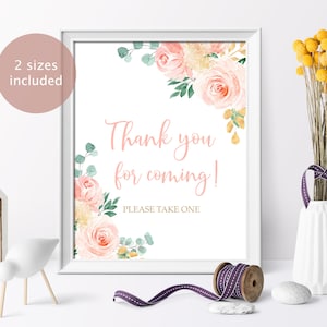 Merci d'être venu! Signe de faveurs, signe imprimable de faveurs de baby shower rose blush et or, modèle de baptême de fille florale Boho, TÉLÉCHARGEMENT INSTANTANÉ