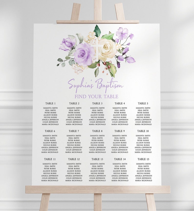 Lavender Rose Batism Seating Chart, Boho Table Poster, EDITABLE DIY Printable Template, Purple Rose Flowers Seating Plan, Instant Download image 1