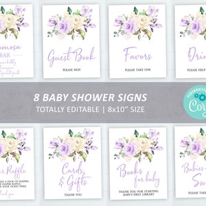 Pacote de sinalização para chá de bebê lavanda, 100% editável, pacote personalizado, sinalização de chá para bebê polvilhado para impressão 8x10, conjunto de aniversário, DOWNLOAD INSTANTÂNEO
