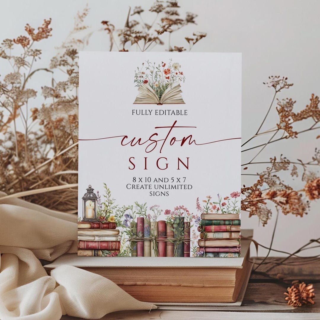 Vintage Books & Wildflowers Sign Template: Editable Printable Décor ...