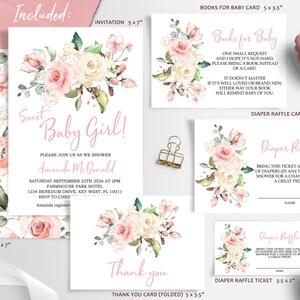 Blush Floral Baby Shower Invitation Set – Editable Girl Invite, Diaper Raffle & Book Request Cards – Corjl Template