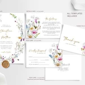 Set met wilde bloemen bruiloft | BEWERKBARE afdrukbare rode klaproos wilde bloemen bruiloft sjabloon | Reactie met gele bloemen, details, bedankkaartje