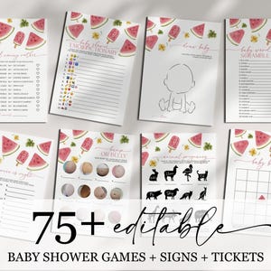 May include: A set of printable baby shower games with a watermelon theme. The games include "Would you rather", "Baby Shower Emoticonary", "Draw Baby", "Baby Word Scramble", "The Price is Right", "Bump or Belly", "Animal Pregnancy", and "Baby Bingo".
