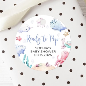 Etiqueta de regalo "Listo para usar bajo el mar" / Pegatinas redondas editables de agradecimiento / Etiqueta de regalo imprimible con temática náutica para baby shower / Fiesta temática oceánica