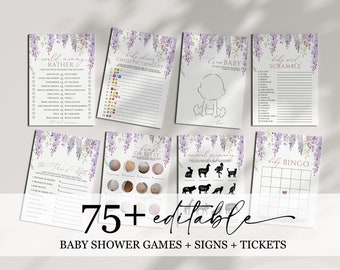 Pode incluir: Um conjunto de jogos de chá de bebê imprimíveis com um design floral roxo e branco. Os jogos incluem "Would You Rather", "Baby Shower Emojupictionary", "Draw Baby", "Baby Word Scramble", "The Price of Baby", "Bump or Belly", "Animal Pregnancy" e "Baby Bingo".
