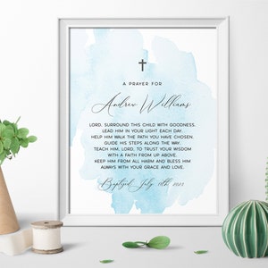 Signo de oración de bautismo para un niño, plantilla 100% editable, tarjeta de oración personalizada, bautizo imprimible en acuarela azul, DESCARGA INSTANTÁNEA