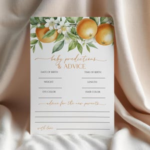 Jeu de Prédictions et Conseils pour Bébé Floral Orange Agrumes | Activité de baby shower d'été imprimable modifiable | Carte souvenir thème tropical Cutie