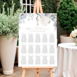 Tafelopstelling eerste communie | BEWERKBARE Boho blauwe hortensia poster tabelsjabloon | DIY-afdrukbare stoffige blauwe bloemen doop-zitplan