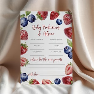Voorspellingen en adviesspel voor baby's met aardbeien en bosbessen | BEWERKBARE sjabloon zomerfruit | Afdrukbare activiteitenkaart babyshowerbrunch