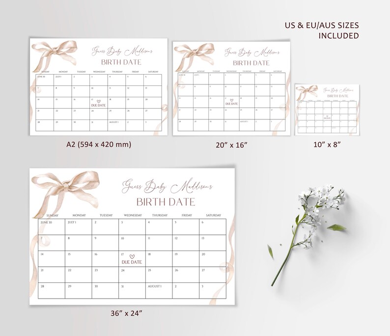 Beige Bow Baby Shower Due Date Prediction Calendar Editable Ribbon