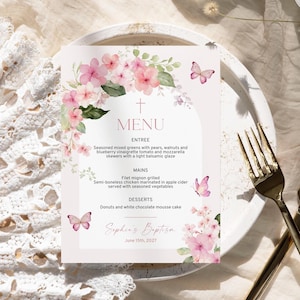 Menù per il battesimo con fiori di melo rosa cipria / Menù per la celebrazione con farfalle e fiori boho stampabili e modificabili / Cresima, Prima Comunione