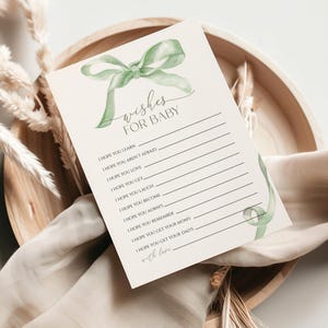 Salbei Grün Schleife Wünsche für Baby Shower Card | EDITIERBARE Aquarell Green Ribbon Baby Andenken Vorlage | Moderne Babypartywunschkarte