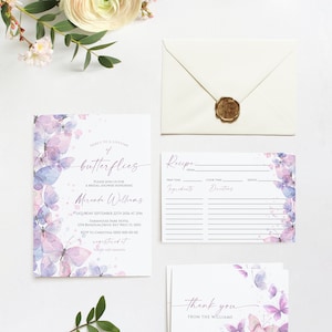 Juego de invitaciones para despedida de soltera con mariposas / Plantilla EDITABLE / Invitación imprimible para toda la vida con mariposas / Receta boho morada / Naturaleza