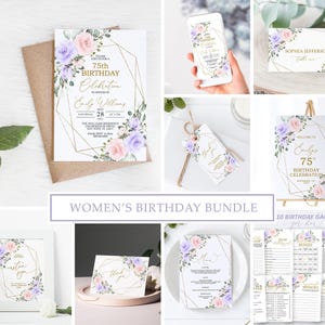 Pacote de convites florais para 75º aniversário em rosa-claro e violeta | Modelo EDITÁVEL | Convite de aniversário para impressão com moldura dourada | Aniversário para qualquer idade