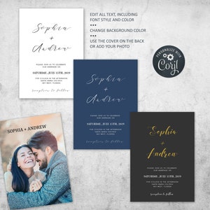 May include: Three wedding invitation designs with different color schemes. The first design is white with black text, the second is navy blue with white text, and the third is black with gold text. All three designs feature the names "Sophia + Andrew" and the wedding date "Saturday, July 15th, 2019".