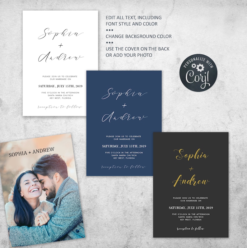 May include: Three wedding invitation designs with different color schemes. The first design is white with black text, the second is navy blue with white text, and the third is black with gold text. All three designs feature the names "Sophia + Andrew" and the wedding date "Saturday, July 15th, 2019".