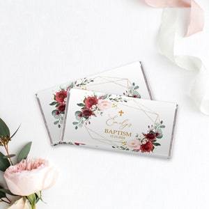 Marsala & Blush Pink Flowers Baptism Chocolate Bar Wrapper, EDITABLE Template, Printable Floral Candy Bar Wrapper, Red Rose Girl, Hershey