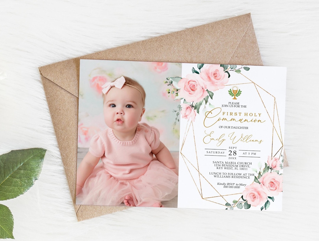 Blush Pink Floral First Communion Invitation Template (digital Download ...