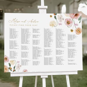Perzik & blozen bloemen bruiloft zitplaatsen tabel sjabloon | Alfabetische plattegrond met bloemenprint | DIY-afdrukbare tafelkaart voor bruiloften