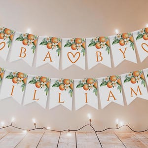 Little Cutie Babypartybanner, bearbeitbare Zitrusgirlande, Orangenfrucht-Babypartydekoration, druckbare Party Bunting Buchstaben & Herzen