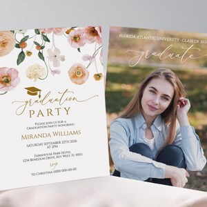 Invito alla festa di laurea con fiori di pesco e rosa / Invito alla festa di laurea con fiori di papavero boho modificabile / Modello stampabile per la celebrazione della laurea