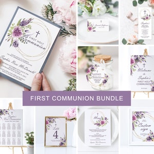 Erstes heiliges Kommunion-Einladungs-Paket | EDITIERBARE Lavendel Blumen Taufe Einladen | Lila & Gold Girl Widmung Reihe
