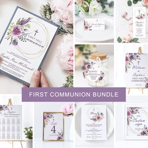 First Holy Communion Invitation Bundle, EDITABLE Template, Lavender Floral Printable Baptism Invite, Purple & Gold Girl Dedication Suite