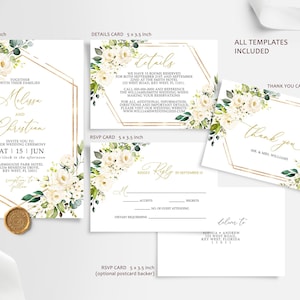 White Flowers Wedding Invitation Set | EDITABLE Printable White Rose & Gold Frame Wedding Template | Floral RSVP, Details, Thank You Card