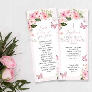 First Communion Bookmark Template | Editable Blush Pink Apple Blossom Keepsake | Printable Butterfly & Floral Baptism Favor | Download