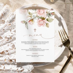 Sanftes Rosen-Taufmenü | EDITIERBARE Druckbare Boho Blush rosa Blumen Feier-Menü | Konfirmation, Einweihung, Erstkommunion