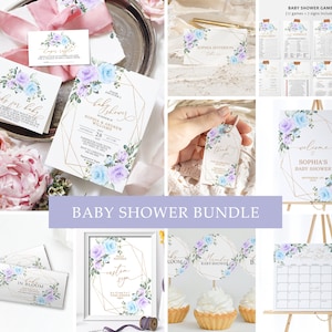Pacchetto di inviti per baby shower con fiori blu e viola / Modello modificabile con cornice dorata Boho e rosa viola / Giochi e decorazioni per la doccia stampabili